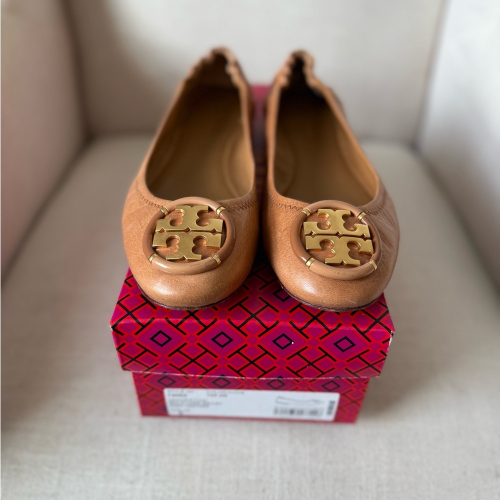 Tory Burch Tan Leather Flats with Gold Accent